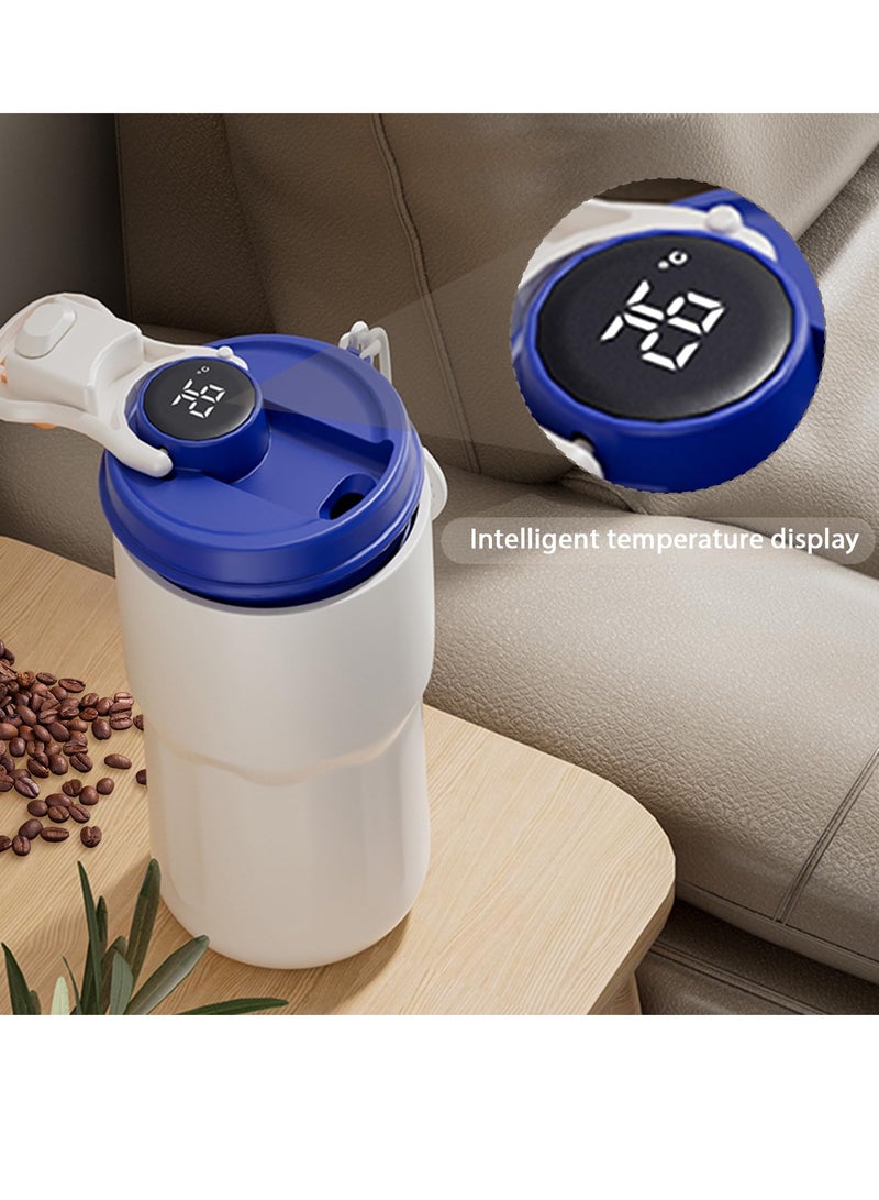 SYOSI كوب قهوة سفر معزول من الفولاذ المقاوم للصدأ مع شاشة LED ذكية لعرض درجة الحرارة، غطاء مقاوم للتسرب، يحتفظ بالبرودة لمدة 12 ساعة أو بالحرارة لمدة 10 ساعات للمشروبات المثلجة والمشروبات الساخنة 14 أونصة أزرق-أبيض - Image 2