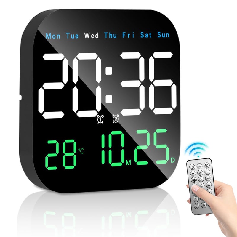 Necomi Digital Wall Clock, 9'' LED Digital Clock with Remote Control for Living Room Decoration, Week/Date/Temperature in 3 Colors, Auto Brightness, Standing & Hanging