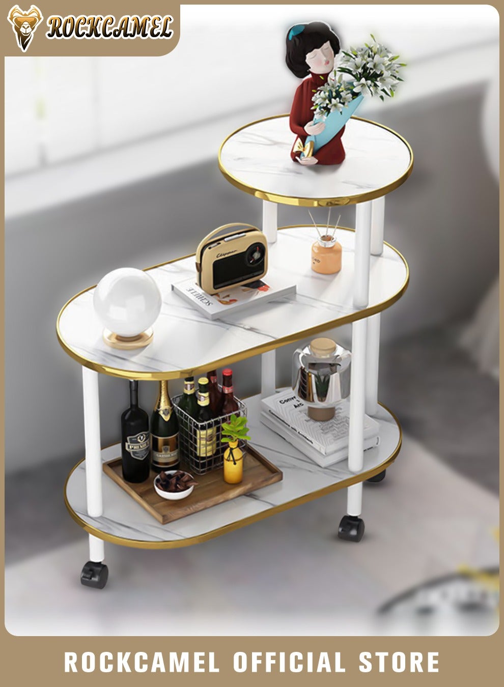 3 Tiers Side Table with Wheels, Movable End Table Coffee Table with Marble Pattern, Easy To Assemble, Tea Table Rolling Cart for Small Space, Living Room, Bedroom, Bedside