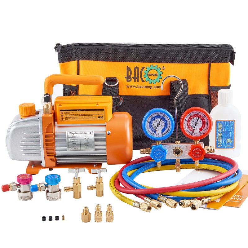 BACOENG 36CFM 14HP AC Vacuum Pump and Manifold Gauge Set for R134a R12 R410a HVAC Air Conditioning Refrigeration Includes Can Tap Quick Coupler Adapters and Carry Bag