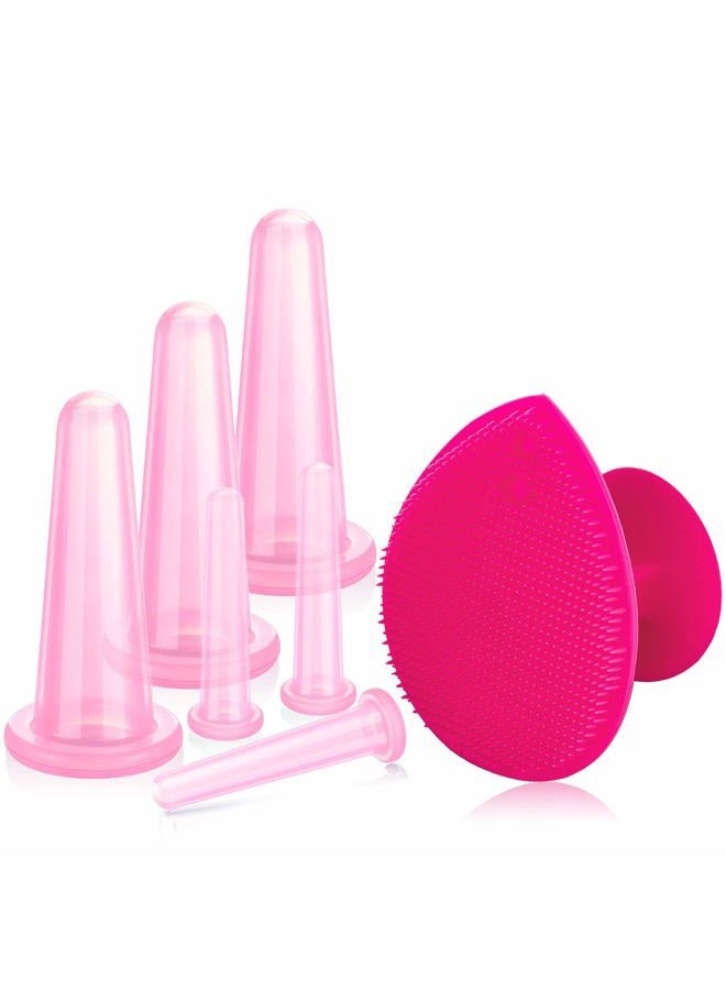 BBTO مجموعة أكواب السيليكون للوجه، مجموعة أكواب تدليك فراغ للجسم والوجه والرقبة والظهر والعين، 6 أكواب وفرشاة تقشير - Image 1