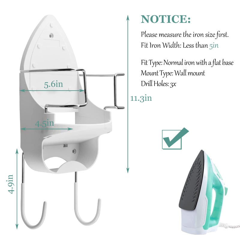 DOUBLE 2 C Iron Board Hanger Wall Mount Electric Iron Holder Iron and Ironing Board Storage Organizer Shelf with Removable Hooks for Household Bathroom Laundry Room(White) - Image 2