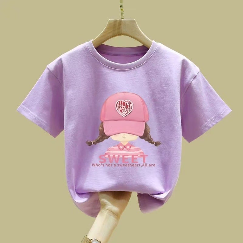 Pink Short-Sleeved Girls' T-Shirt Pure Cotton Mid-Large Children'S Round Neck Half-Sleeved Summer Children'S Top T-Shirt - Image 1