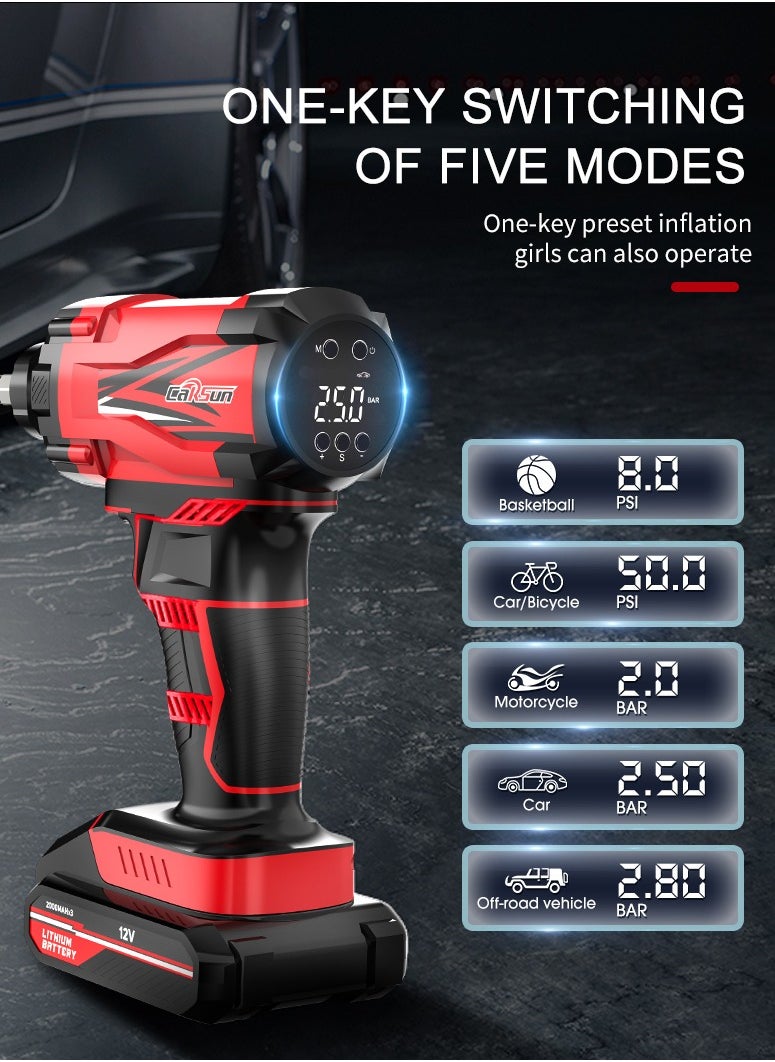 Carsun Electric Portable Air Pump, Strong Cordless Tyre Inflator, High Power Wireless Air Compressor, Lightweight Efficient Air Injector For Bicycle Car Motorcycles, (1pc, Red)  - Image 2
