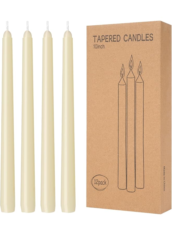 Green Tiger 12 Pack Lvory Taper Candles 10 inch - Taper Candles Dripless, Smokeless, Unscented - 8 Hours Long Burning - Hand Poured Tall Candlesticks - Perfect for Home Decor, Weddings, and Special Occasions - Image 1