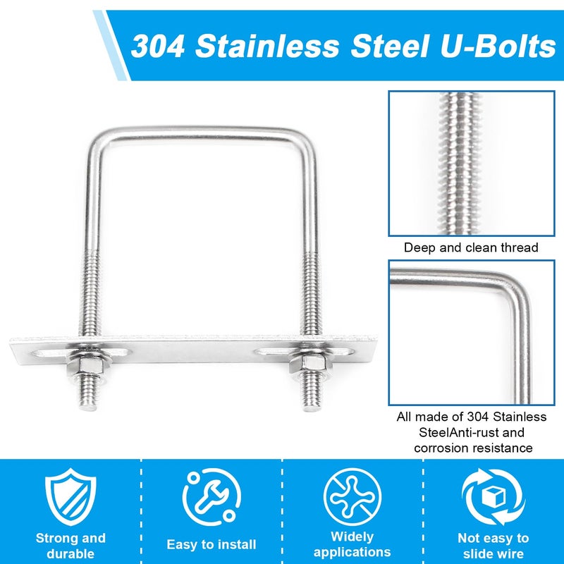 Yinpecly 4 Pack Square U-Bolts 2"/50mm Inner Width 3.15"/80mm Length 304 Stainless Steel U Bolts M6 with Washers & Nuts & Frame Plate for Automobiles Trailer, Ski Boat, or Sailboat Trailer - Image 4