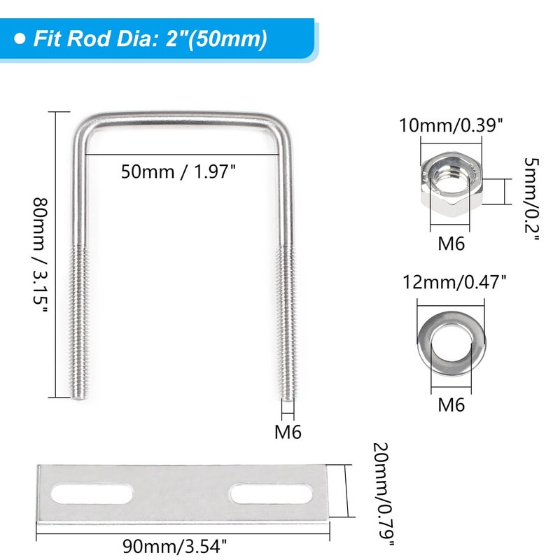 Yinpecly 4 Pack Square U-Bolts 2"/50mm Inner Width 3.15"/80mm Length 304 Stainless Steel U Bolts M6 with Washers & Nuts & Frame Plate for Automobiles Trailer, Ski Boat, or Sailboat Trailer - Image 2