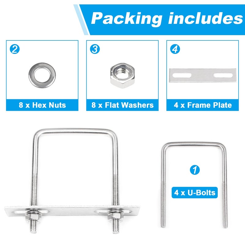 Yinpecly 4 Pack Square U-Bolts 2"/50mm Inner Width 3.15"/80mm Length 304 Stainless Steel U Bolts M6 with Washers & Nuts & Frame Plate for Automobiles Trailer, Ski Boat, or Sailboat Trailer - Image 3