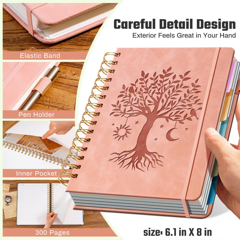 Ovesmusl Hardcover Spiral Notebook 6.1" x 8.4" with 5 Removable Dividers 300 Pages Leather 5 Subject Notebook College Ruled 100GSM Large Spiral Notebooks for Work Thick Lined Journal for Women, Pink - Image 3