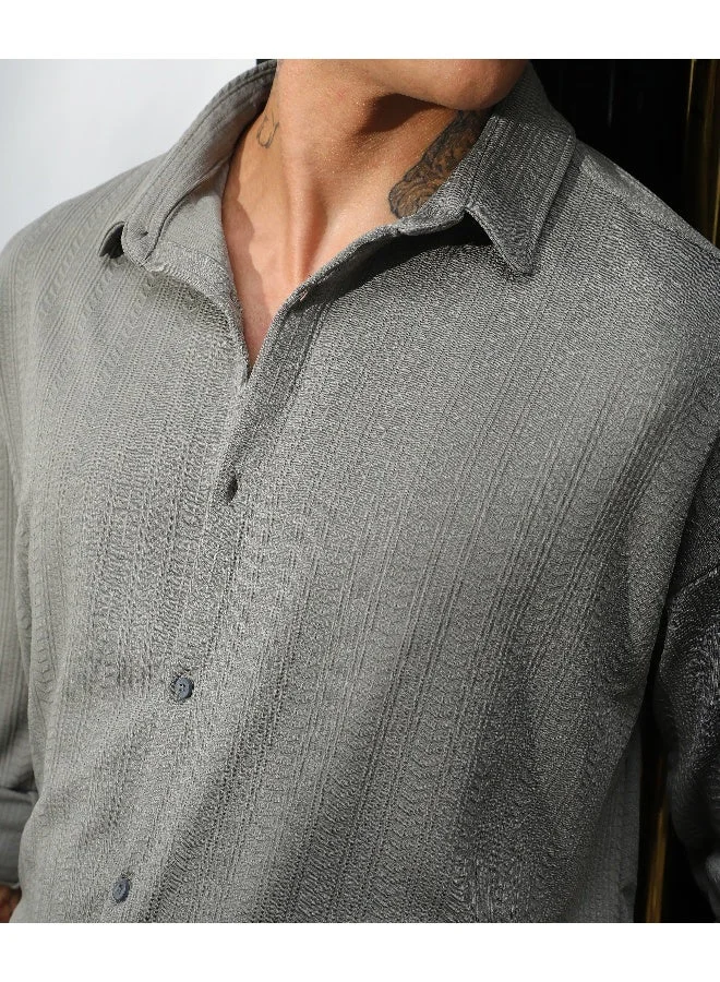 Campus Sutra Men's Ash Grey Stripe-Textured Shirt For Casual Wear | Spread Collar | Long Sleeve | Button Closure | Shirt Crafted With Comfort Fit For Everyday Wear