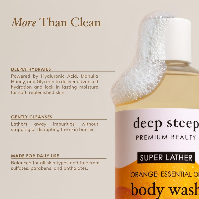 Deep Steep Super Lather Body Wash, Orange, 17 oz â€“ Hydrating Shower Gel with Hyaluronic Acid, Manuka Honey, & Orange Essential Oil â€“ Vegan, Clean Beauty, Clean & Refreshed Skin - Image 4