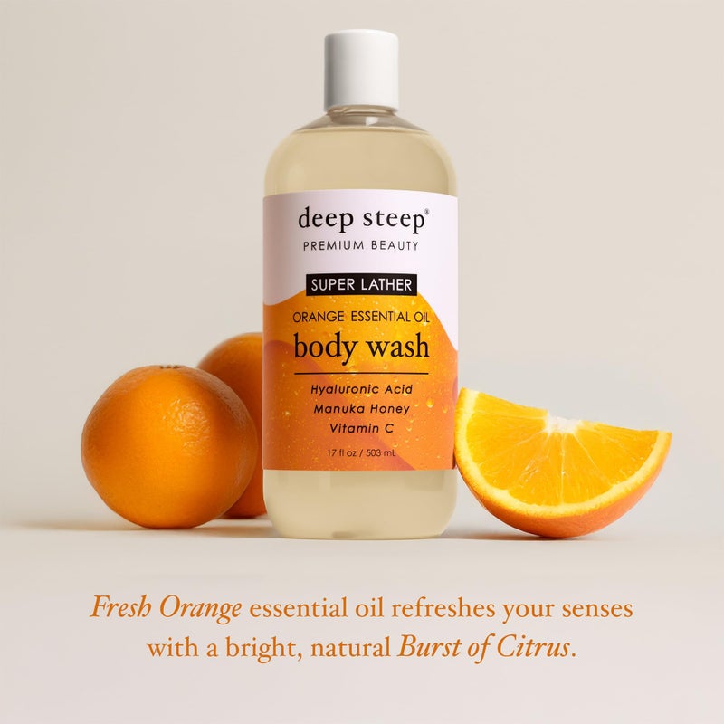 Deep Steep Super Lather Body Wash, Orange, 17 oz â€“ Hydrating Shower Gel with Hyaluronic Acid, Manuka Honey, & Orange Essential Oil â€“ Vegan, Clean Beauty, Clean & Refreshed Skin - Image 3