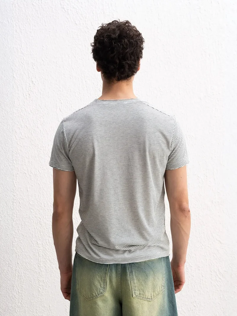 Giesto Khaki Green GIESTO Embroidered Striped Crew Neck T-Shirt for Men | Best Price UAE