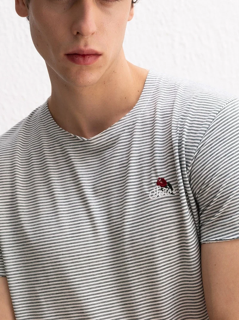 Giesto Khaki Green GIESTO Embroidered Striped Crew Neck T-Shirt for Men | Best Price UAE