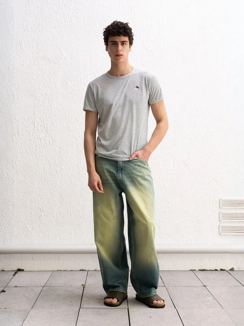 Giesto Khaki Green GIESTO Embroidered Striped Crew Neck T-Shirt for Men | Best Price UAE