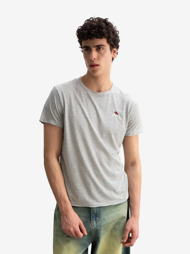 Giesto GIESTO Embroidered Striped Crew Neck T-Shirt