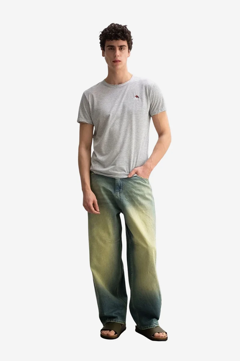 Giesto Khaki Green GIESTO Embroidered Striped Crew Neck T-Shirt for Men | Best Price UAE