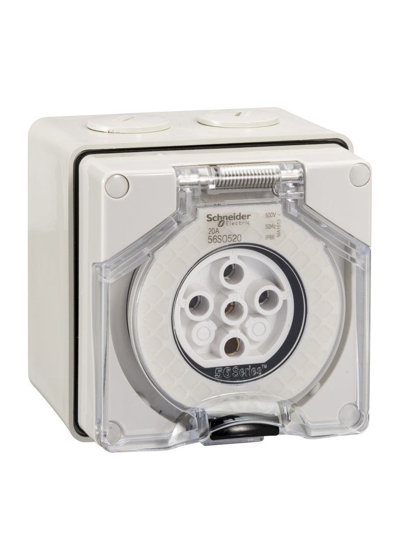 Schneider Electric WPS Socket-Outlet, 20A, 500V, 3-Phase, 5-Pole, Round Pin, IP66 - S56SO520GY
