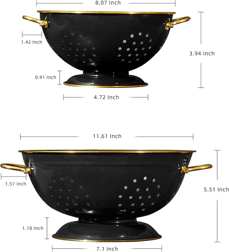 BeFare Metal Colander 2 Pack, 3.5 Quart Powder Coated Self-draining Solid Ring Base Metal Large Kitchen Pasta Vegetable Fruit Strainer with Handle (L-BLACK) - Image 2