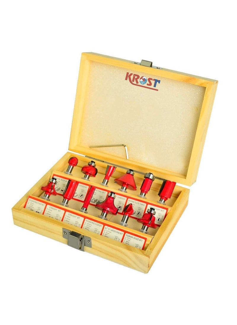 KROST KROST 12 PCS MULTI SHAPES ROUTERTRIMMER BIT SET COMBO WITH WOODEN BOX 8MM SHANK SPECIALLY DESIGNED FOR WOODWORKING  - Image 1