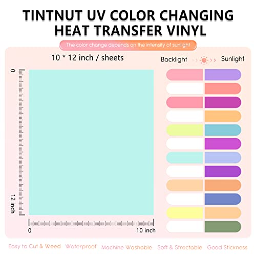 Tintnut Color Changing HTV Vinyl - 12 Sheets 12inch x 10inch UV Color Changing Heat Transfer Vinyl Sunlight Sensitive HTV Iron on Vinyl For T-Shirts Compatible with Cricut or Silhoutte Cameo - Image 2
