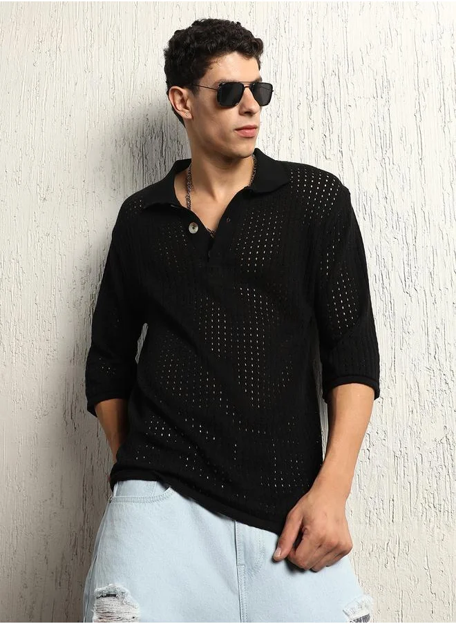 Hubberholme Eyelet Design Oversized  Knit Polo by Styli