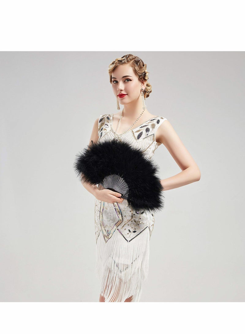 NIBEMINENT Feather Hand Fan, Folding Handheld Flapper Black Women Roaring 20s Vintage Style for Costume - Image 3