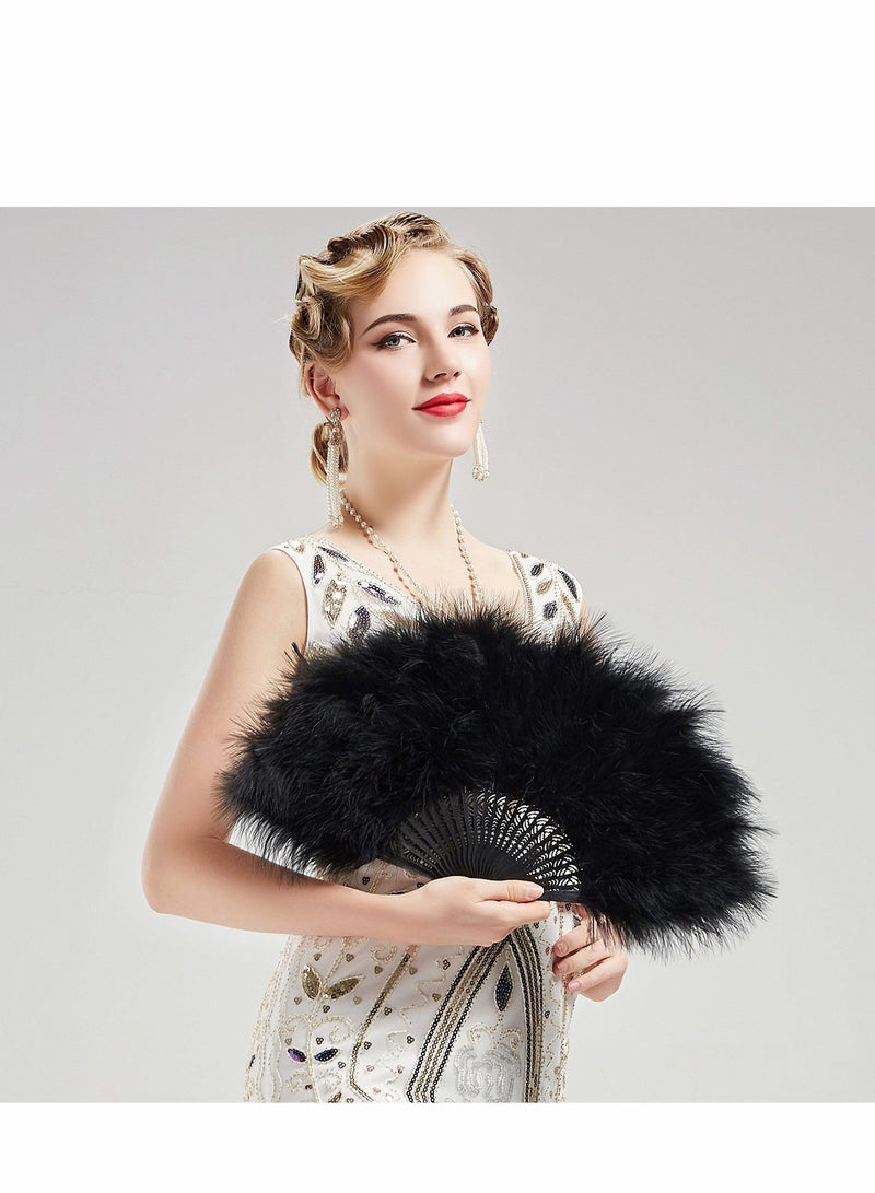 NIBEMINENT Feather Hand Fan, Folding Handheld Flapper Black Women Roaring 20s Vintage Style for Costume - Image 2