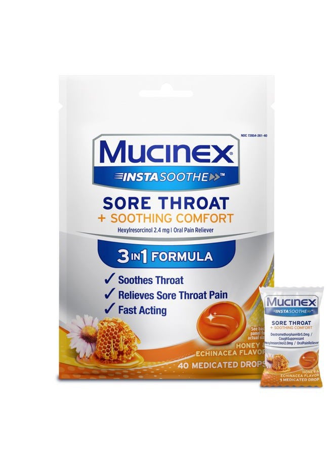 MUCINEX Instasoothe Sore Throat Relief Drops, Sore Throat Lozenges, Sore Throat Medicine with Hexylresorcinol, Cough Drops Alternative, Honey & Echinacea Flavor Medicated Numbing Throat Drops, 40 ct - Image 1