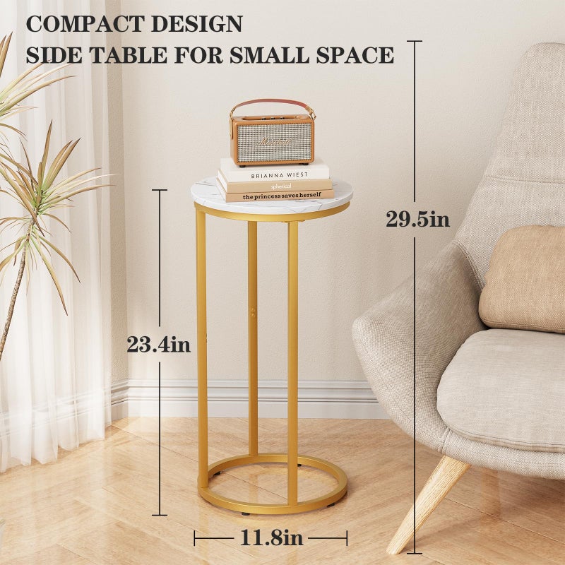 Katrawu C Shaped end Table,Wood Round Side Table for Couch,Small Sofa Table with Metal Frame for Bedroom,Living Room,Bedside,Gold Color(11.81" D x 11.81" W x 23.62" H) - Image 3