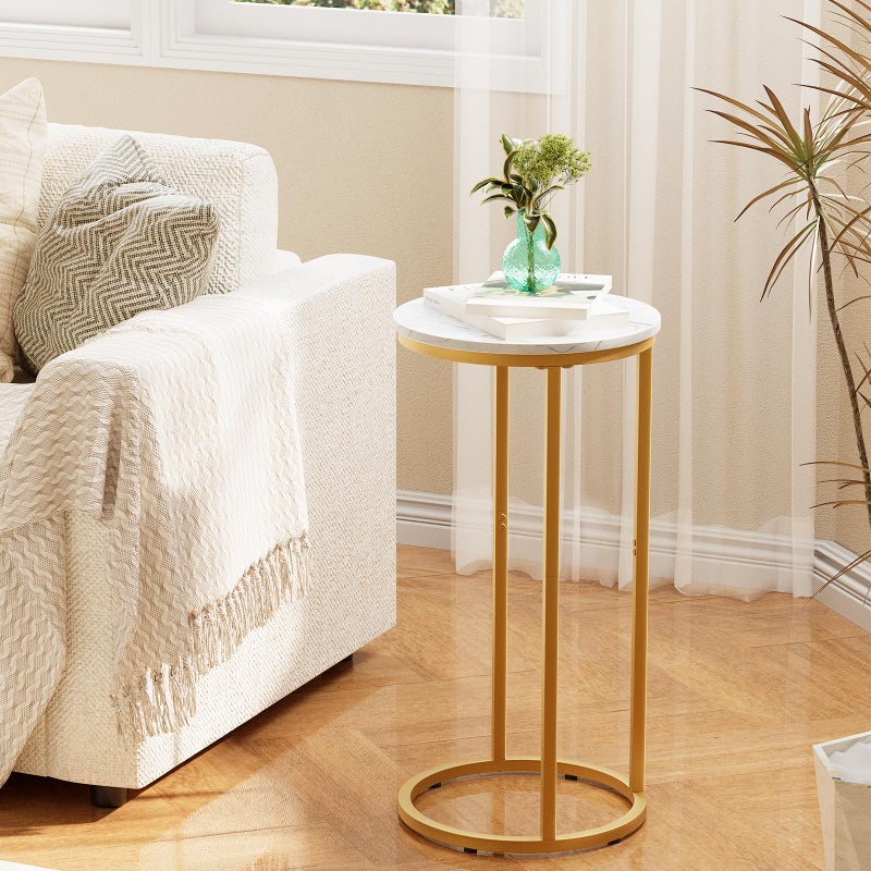 Katrawu C Shaped end Table,Wood Round Side Table for Couch,Small Sofa Table with Metal Frame for Bedroom,Living Room,Bedside,Gold Color(11.81" D x 11.81" W x 23.62" H) - Image 2