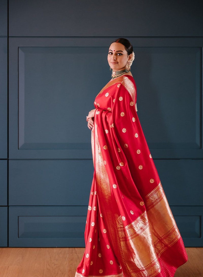 Celebrity Inspired Banarasi Semi Katan Silk Saree with Chand Tara Zari Work & Rich Pallu | Wedding & Reception Saree for Women | UAE - Image 1