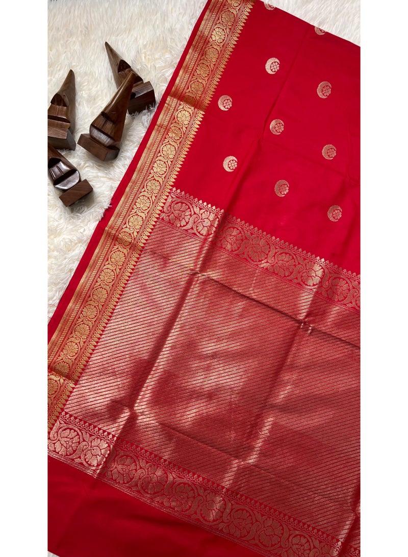 Celebrity Inspired Banarasi Semi Katan Silk Saree with Chand Tara Zari Work & Rich Pallu | Wedding & Reception Saree for Women | UAE - Image 2