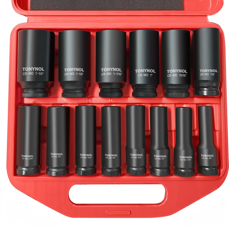 Tonynol 1/2 Inch Deep Drive Impact Socket Set 6-Point Sae(3/8"" To 1-1/4"") 14 Pcs Cr-Mo Steel With A Storage Case - Image 1
