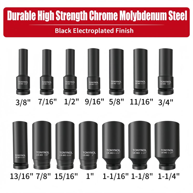 Tonynol 1/2 Inch Deep Drive Impact Socket Set 6-Point Sae(3/8"" To 1-1/4"") 14 Pcs Cr-Mo Steel With A Storage Case - Image 2