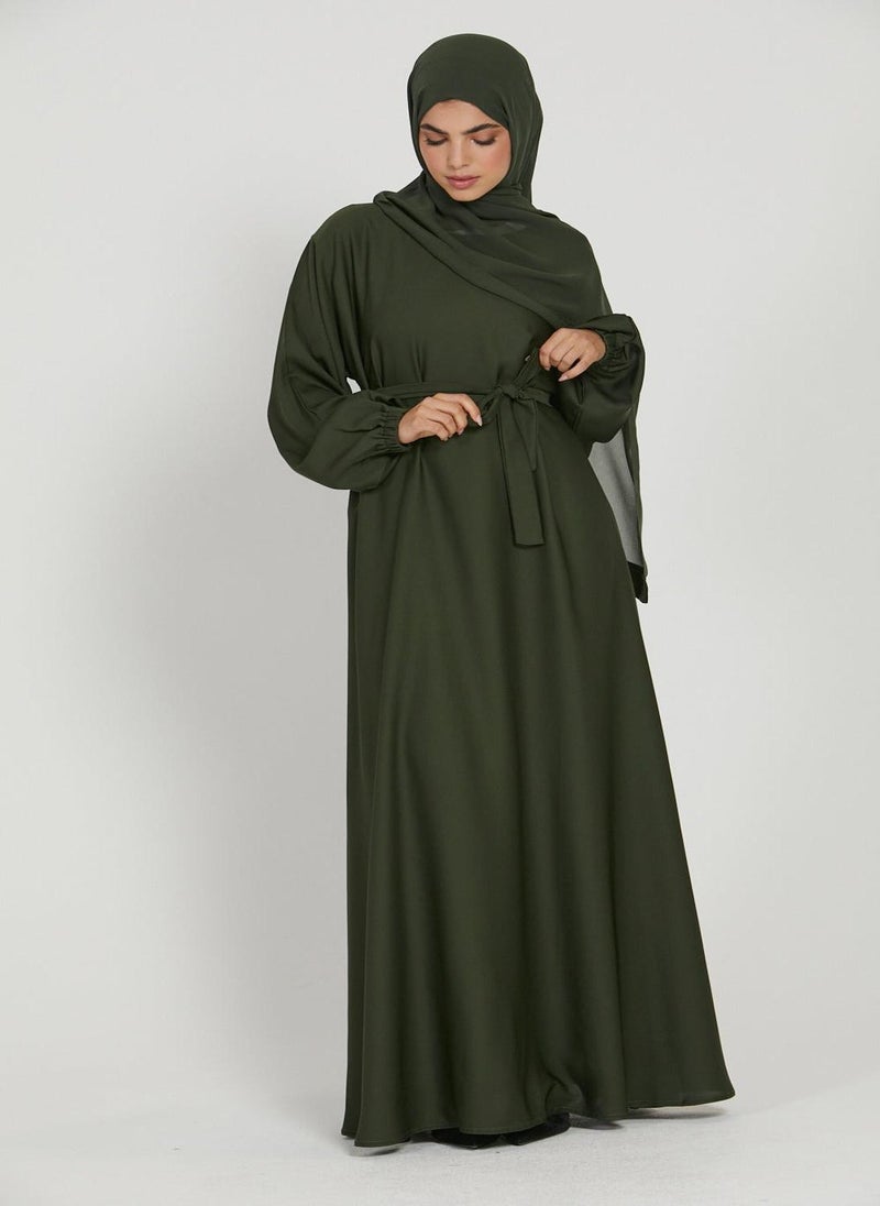 NUKHBAA Elegant Green plain abaya wityh belt and Hijab-AB61  - Image 1