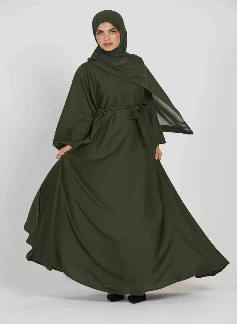 NUKHBAA Elegant Green plain abaya wityh belt and Hijab-AB61