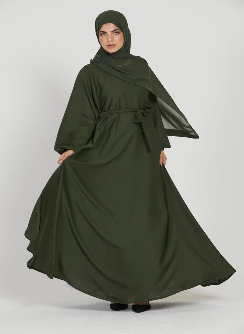 NUKHBAA Elegant Green plain abaya wityh belt and Hijab-AB61  - Image 3