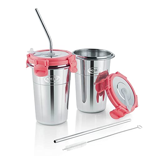 MARU Stainless Steel Tumbler with Silicon Aperture Steel Lid Leak Proof Set of 2 pcs with 2 Straws 1 Brush | Steel Glass with Lid Capacity 400ML Pink - Image 1