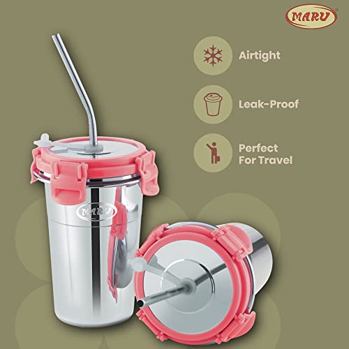 MARU Stainless Steel Tumbler with Silicon Aperture Steel Lid Leak Proof Set of 2 pcs with 2 Straws 1 Brush | Steel Glass with Lid Capacity 400ML Pink - Image 3