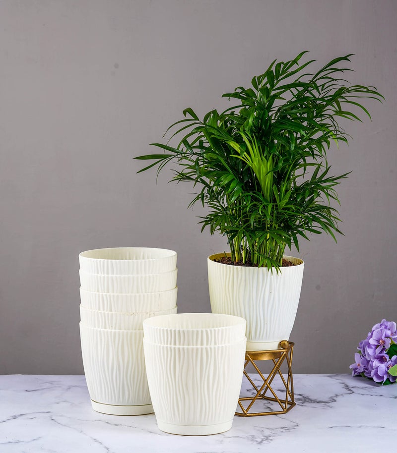 Nurturing Green® Set of 8 Self Watering Pots for Home, Decor & Garden | Flower Pots, Planters for Indoor Plants | Plastic Pots for Living Room (Color: Ivory, Size: 14cm x 12.5cm Each) - Image 1