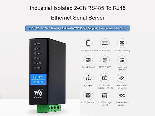Waveshare 2Ch RS485 to Ethernet Converter Industrial Isolated Serial Server 2Ch RS485 Independent Operation Dual RJ45 Ethernet Ports Modbus Gateway MQTT Gateway JSON Support Railmount Metal Case - Image 3