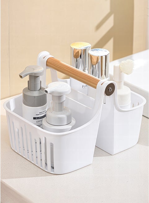 Portable Shower Caddy Basket Plastic Cleaning Caddy Organizer Storage Tote with Bamboo Handle for Bathroom, College, Dorm Room Essentials, White