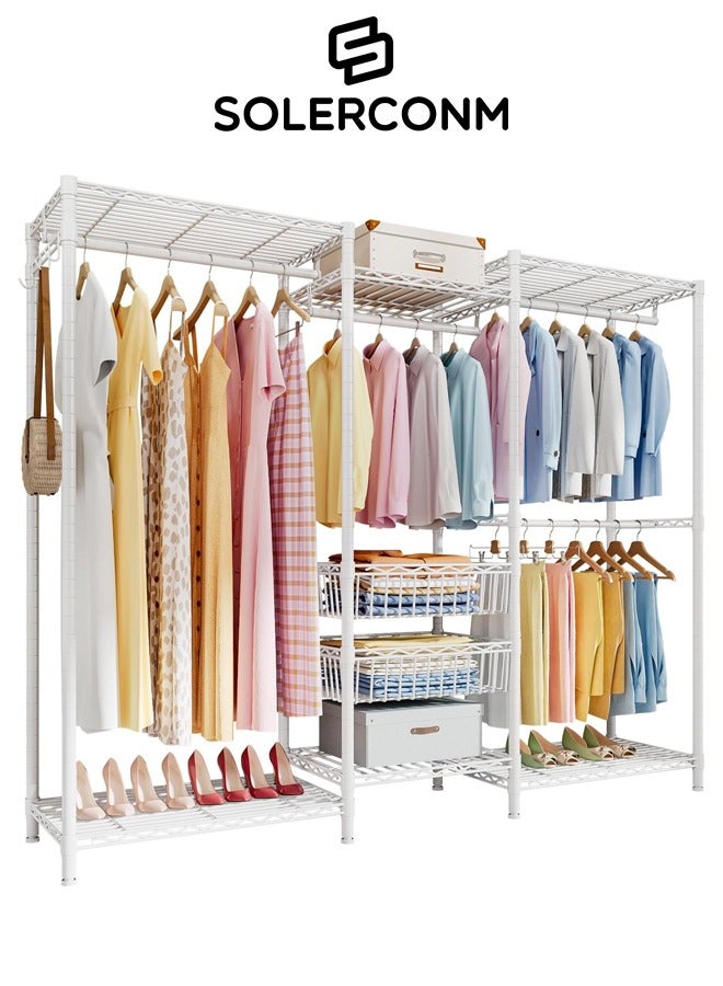 Solerconm Clothes Rails, Heavy Duty Clothing Rail Clothing Garment Rack Coat Rails Coat Racks Freestanding Wardrobe Closet Rack with Hanging Rods, Adjustable Shelves and Storage Baskets, White - Image 1