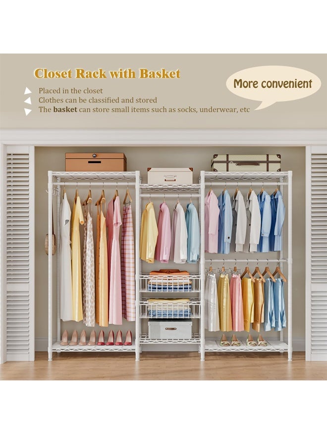 Solerconm Clothes Rails, Heavy Duty Clothing Rail Clothing Garment Rack Coat Rails Coat Racks Freestanding Wardrobe Closet Rack with Hanging Rods, Adjustable Shelves and Storage Baskets, White - Image 5