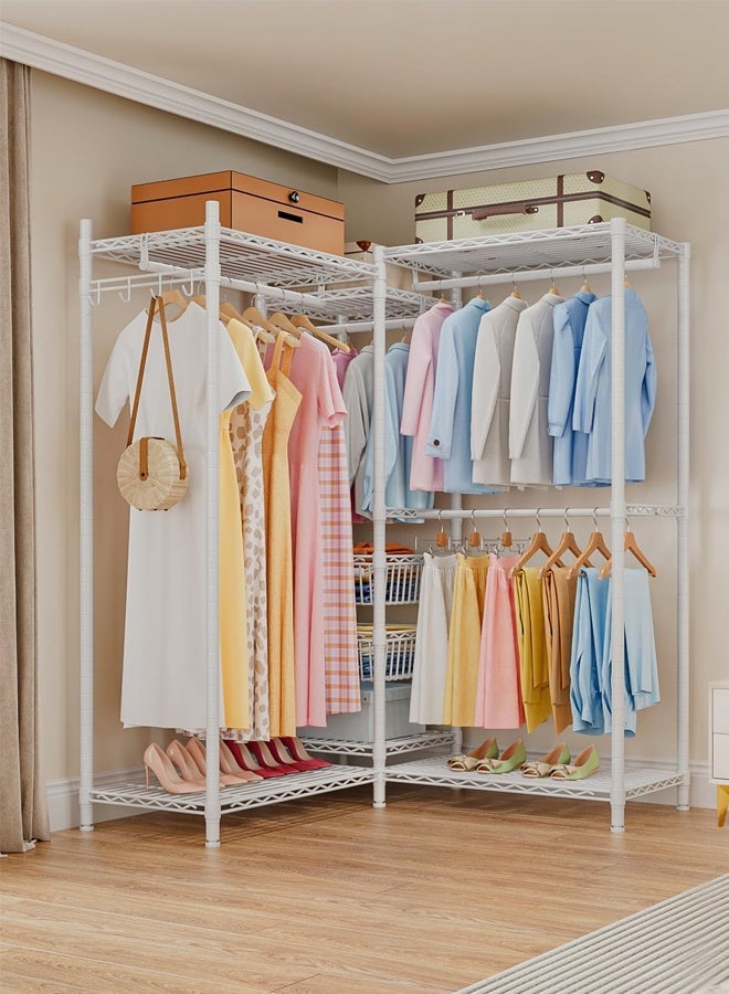 Solerconm Clothes Rails, Heavy Duty Clothing Rail Clothing Garment Rack Coat Rails Coat Racks Freestanding Wardrobe Closet Rack with Hanging Rods, Adjustable Shelves and Storage Baskets, White - Image 4