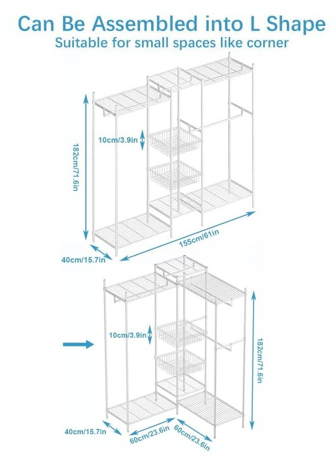 Solerconm Clothes Rails, Heavy Duty Clothing Rail Clothing Garment Rack Coat Rails Coat Racks Freestanding Wardrobe Closet Rack with Hanging Rods, Adjustable Shelves and Storage Baskets, White - Image 3