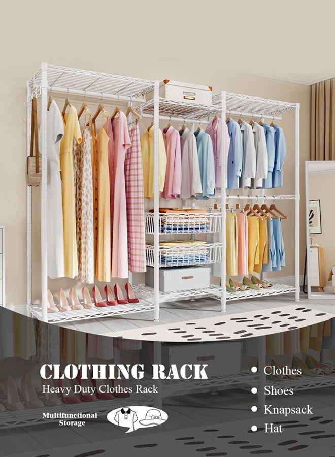 Solerconm Clothes Rails, Heavy Duty Clothing Rail Clothing Garment Rack Coat Rails Coat Racks Freestanding Wardrobe Closet Rack with Hanging Rods, Adjustable Shelves and Storage Baskets, White - Image 2