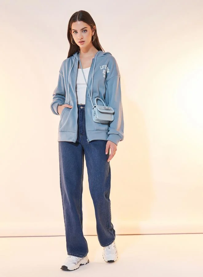 Take Two Text Print Oversized Hooded Jacket