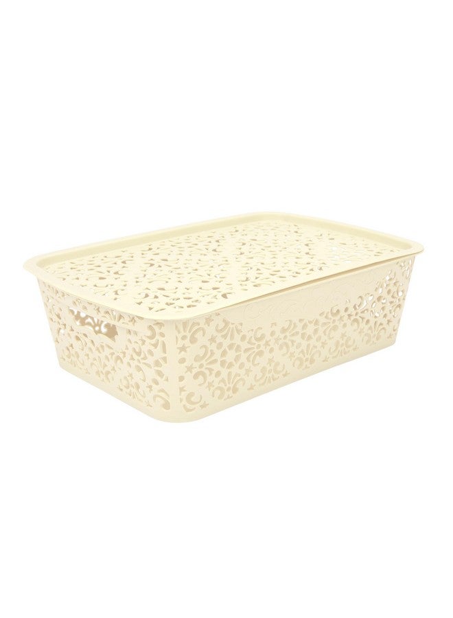 SIMPARTE Turkish Basket Medium Durable Plastic Storage Organizer with Lid & Handles for Bathroom, Pantry, Office - Multipurpose for Clothes, Toys, Essentials (Set of 2, Cream) - Image 2